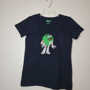 M&Ms Chocolate Candies Black Short Sleeve T-Shirt with Green M&M Bling SIZE M